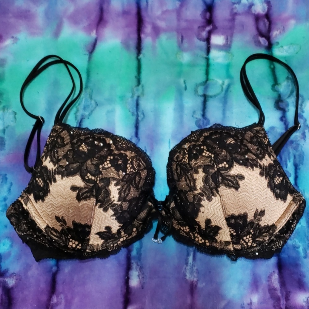 Victoria's Secret Blk/Brn Rhinestone Lace Bra 34C